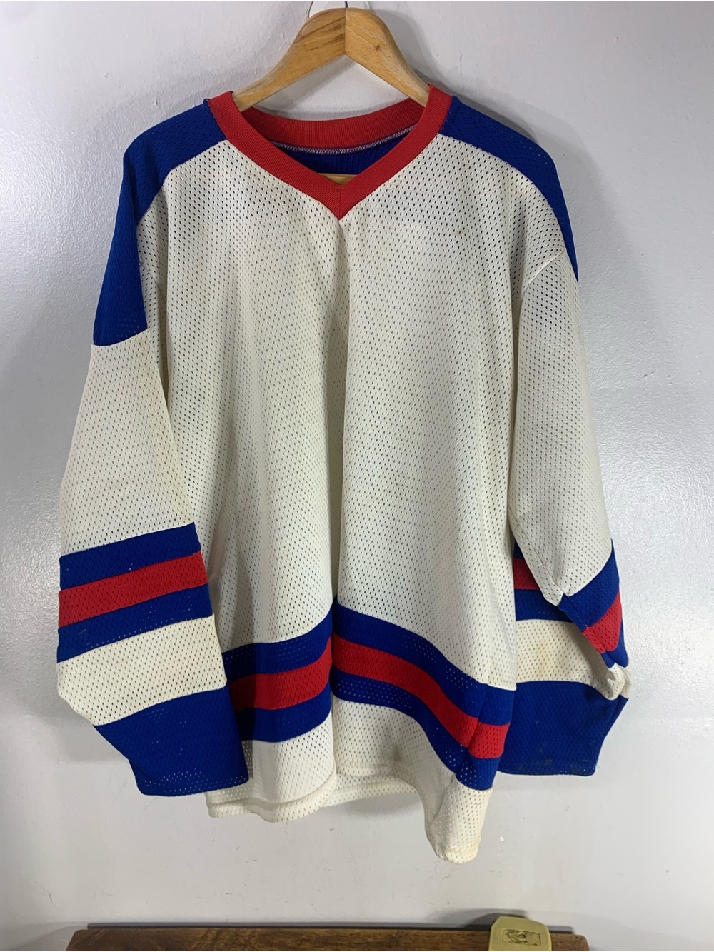 Vintage Cooper Hockey Jersey Made in Canada Blue Red White Mesh Pullover
